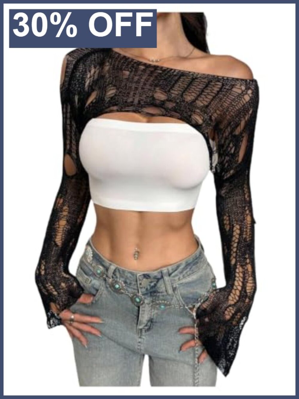 WDIRARA Women's Off Shoulder Crochet Bolero Shrug Distressed Crop Top
